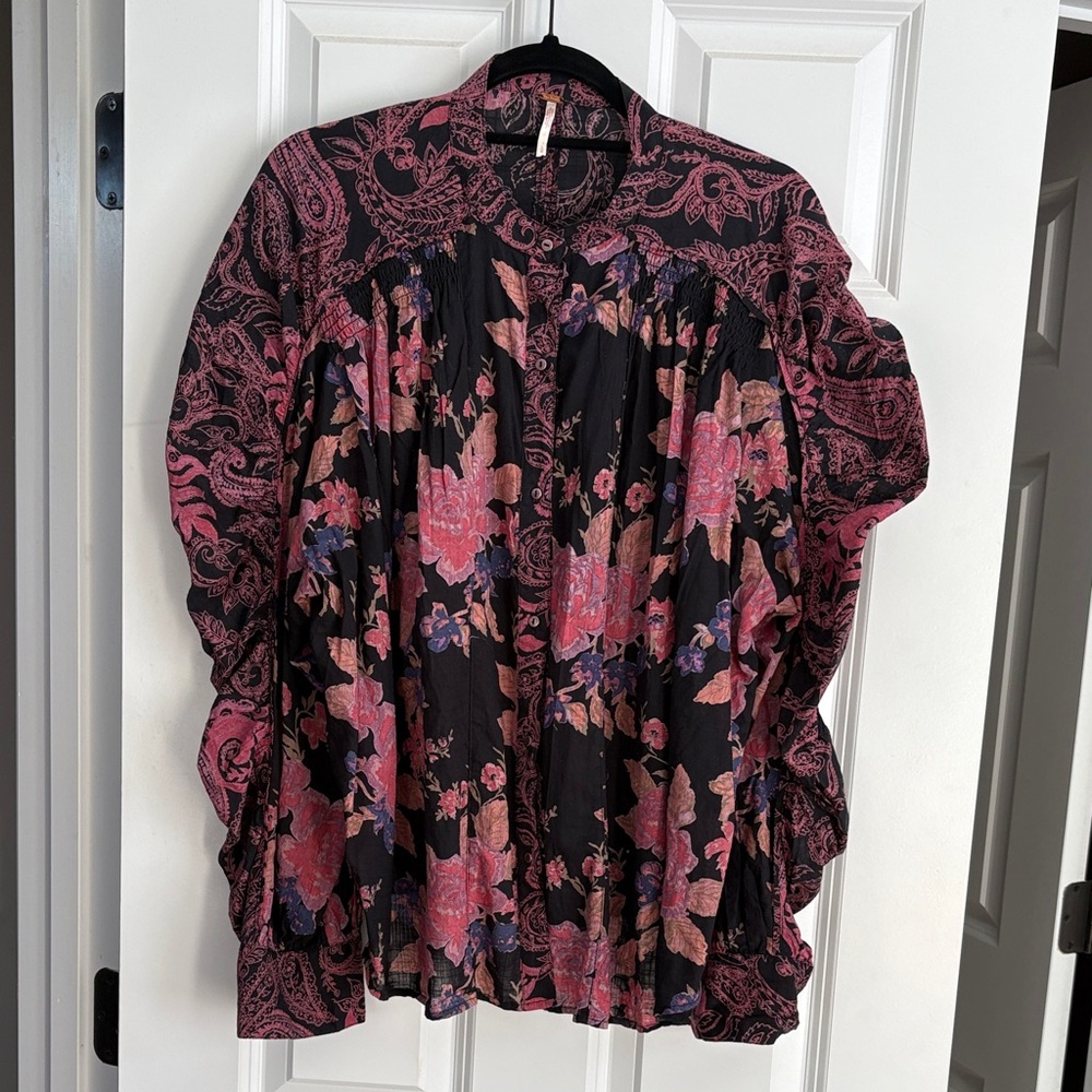 Free People Black and Pink Floral Blouse